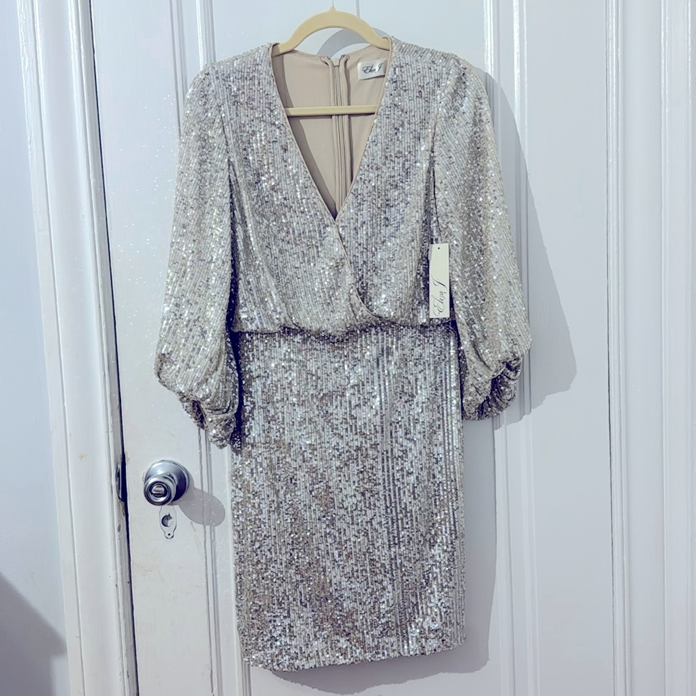 Dress for any party,sequined,blouson sleeves,v-neck, back zipper,above the knee
